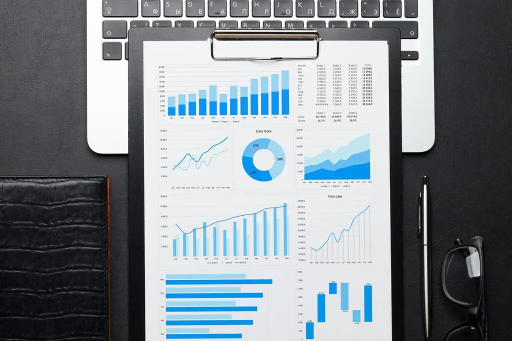Office workplace table with charts